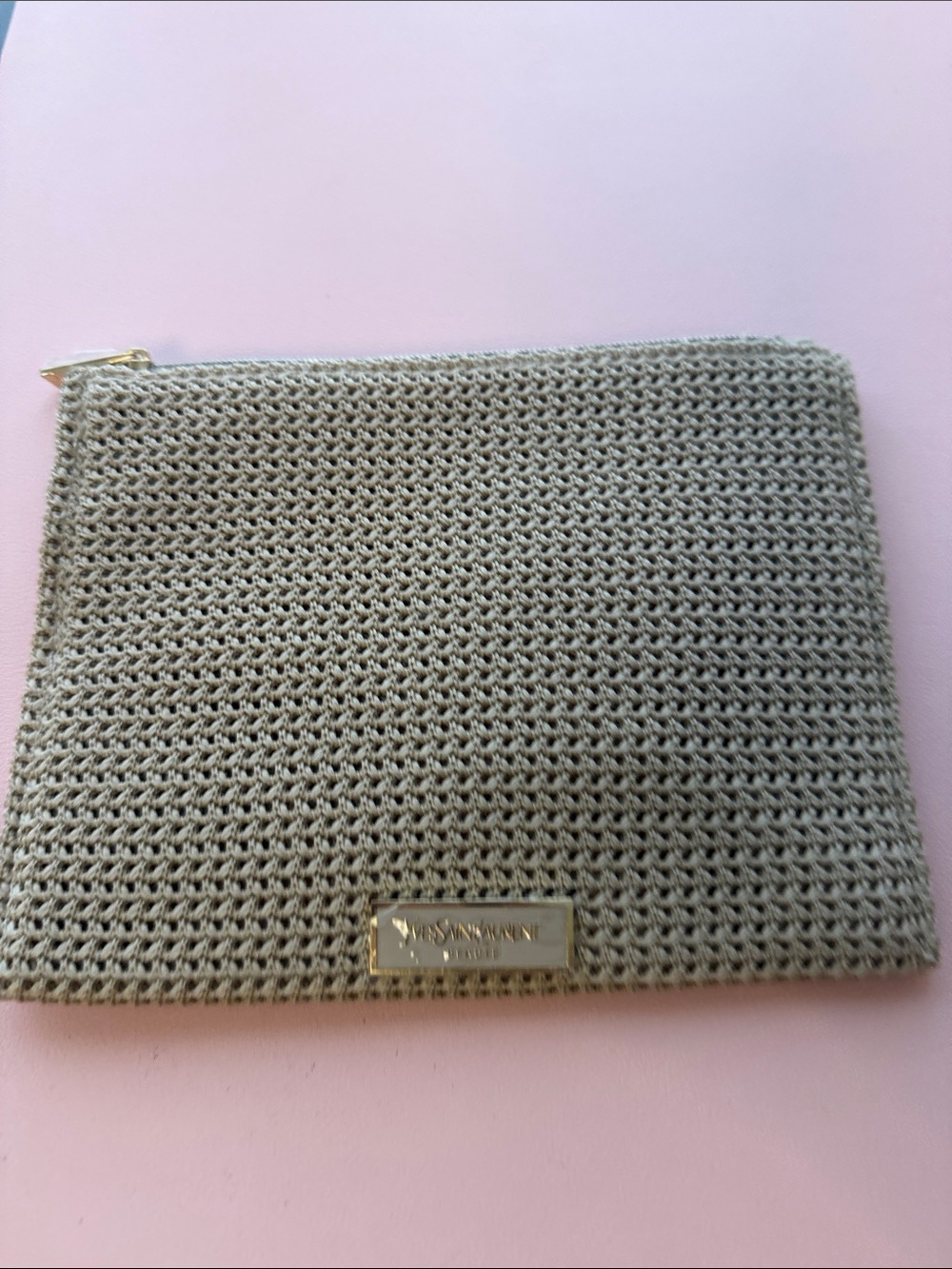 YSL Woven Zip Pouch in Light Olive with Metal Logo